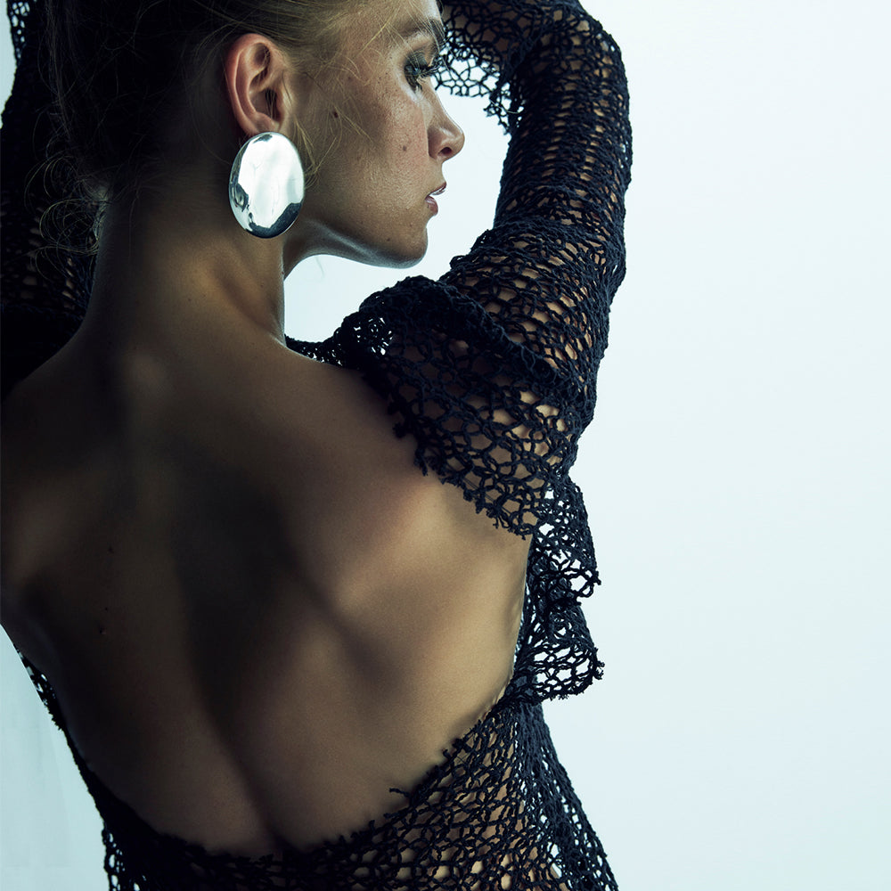 Riona Open-Back Crochet Long Dress in Black