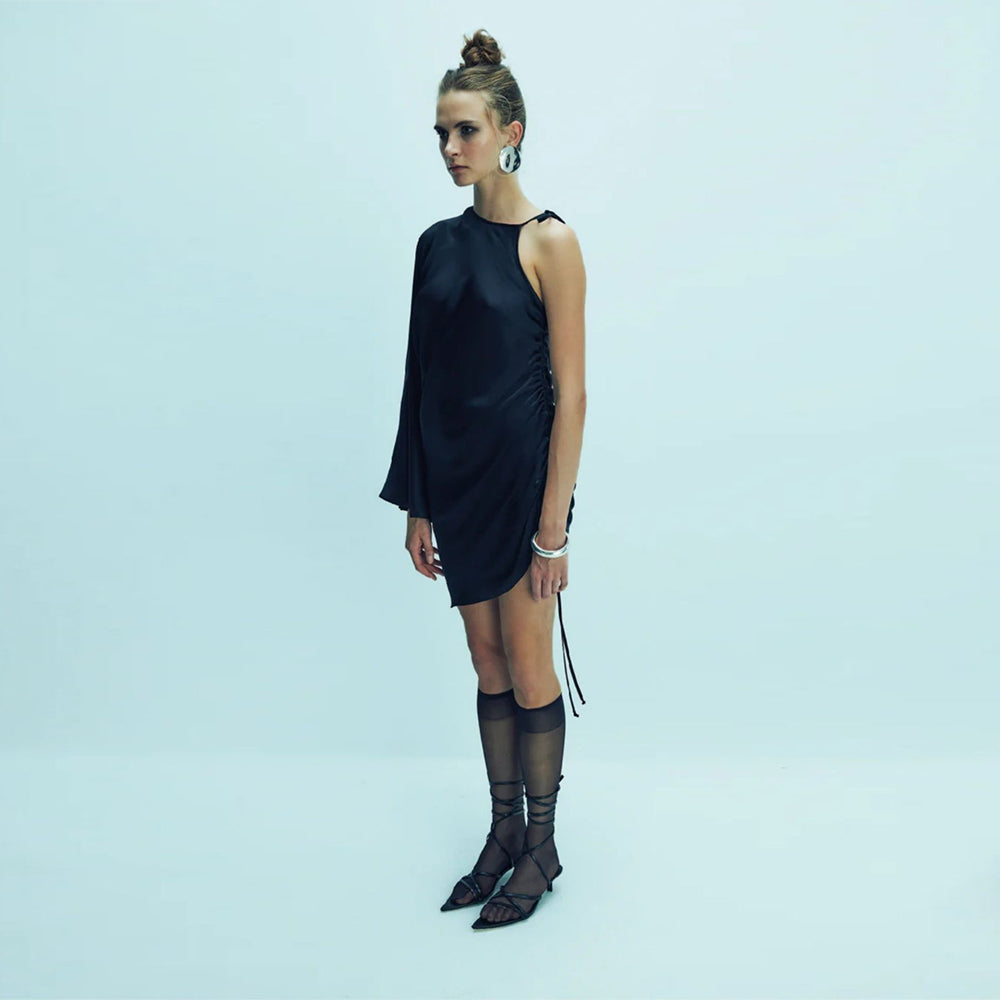 Step into women cloth shops for refined Rocha Asymmetric Mini Satin Dress. Shop Now!