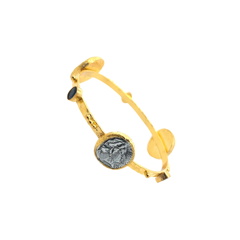 Handmade 22K gold plated Roman coin bracelet with quartz accents and stackable design. Timeless luxury jewelry for effortless styling. Shop premium jewelry online.