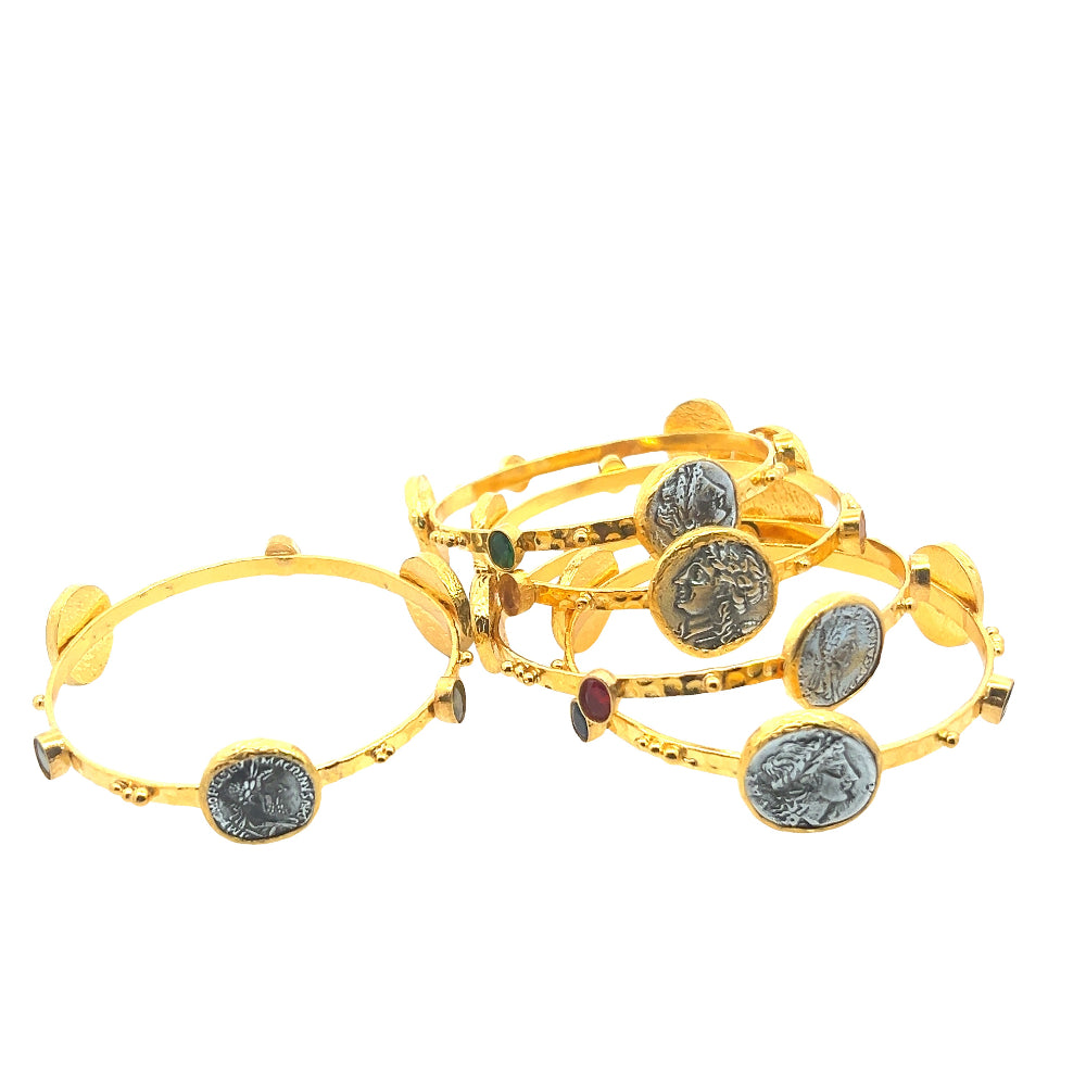 Handmade 22K gold plated Roman coin bracelet with quartz accents and stackable design. Timeless luxury jewelry for effortless styling. Shop premium jewelry online.