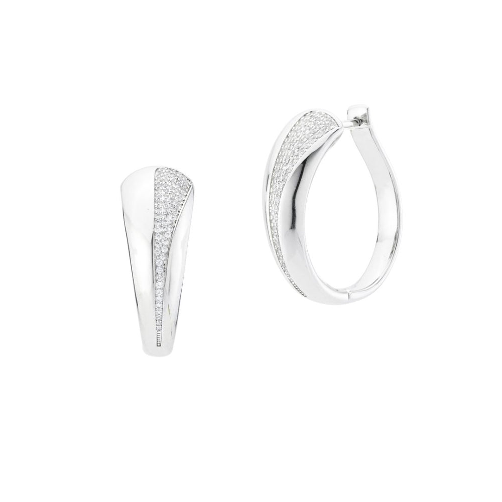 Shop online premium rhodium plated oval hoop earrings with sparkling pavé cubic zirconia detailing for elegant modern styling.