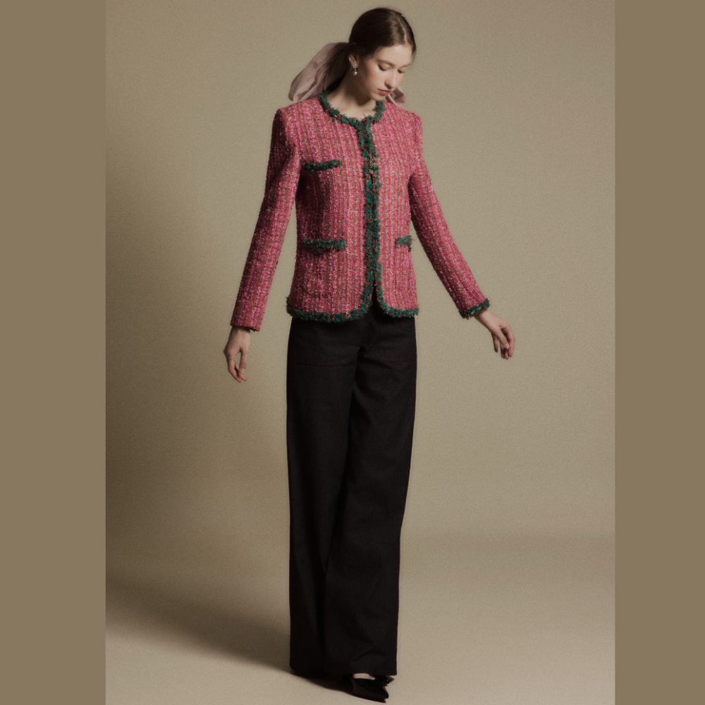 Find timeless sophistication in women’s clothing online with the Rose Quartz Tweed Blazer. Shop Now!