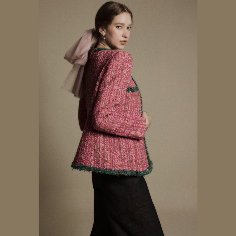 Find timeless sophistication in women’s clothing online with the Rose Quartz Tweed Blazer. Shop Now!