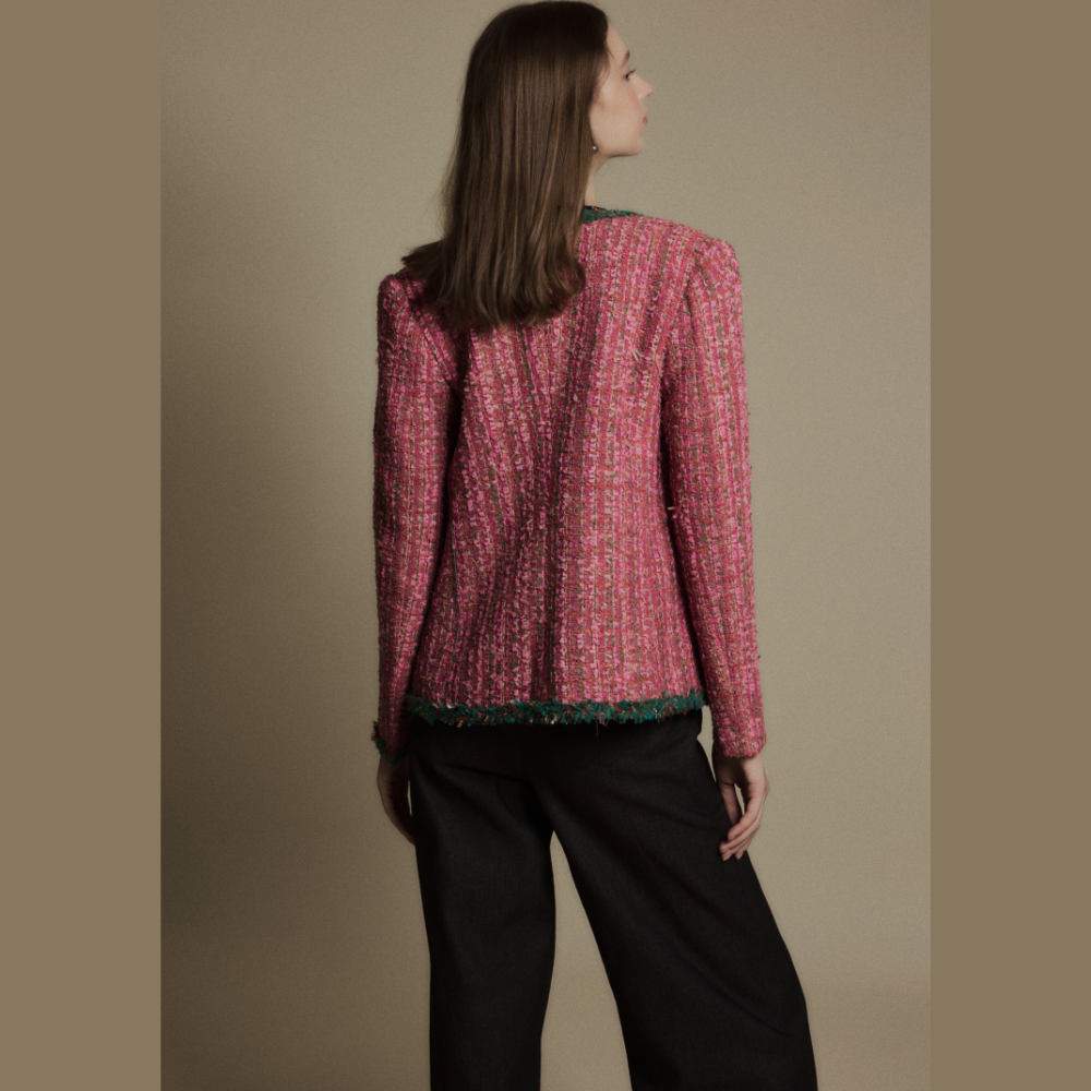 Find timeless sophistication in women’s clothing online with the Rose Quartz Tweed Blazer. Shop Now!