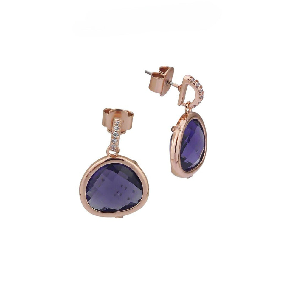 Shop online premium rose gold plated dangle earrings with deep purple crystal and sparkling accent detailing for elegant evening styling.