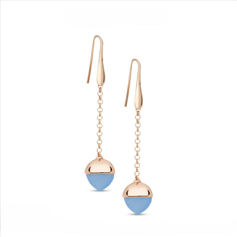 Shop online premium rose gold plated hook dangler earrings with milky blue pyramidal crystal and elegant modern detailing.