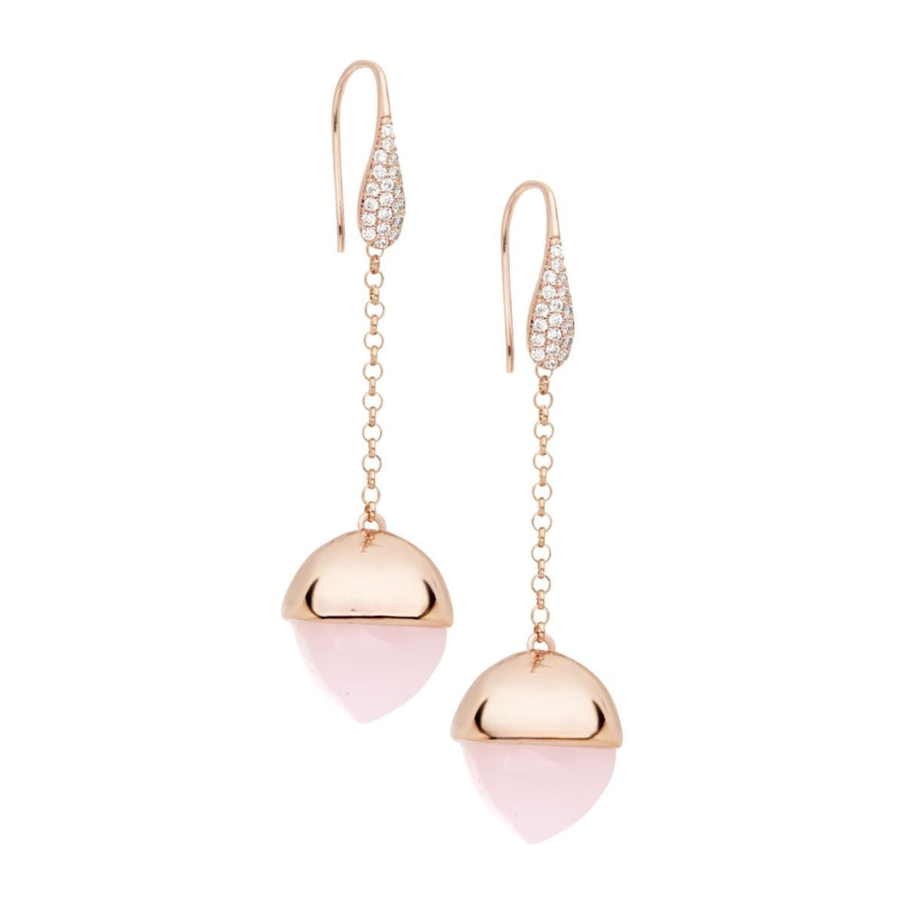 Shop online premium rose gold plated hook dangler earrings with rose quartz pyramidal crystal and sparkling cubic zirconia accents for elegant styling.