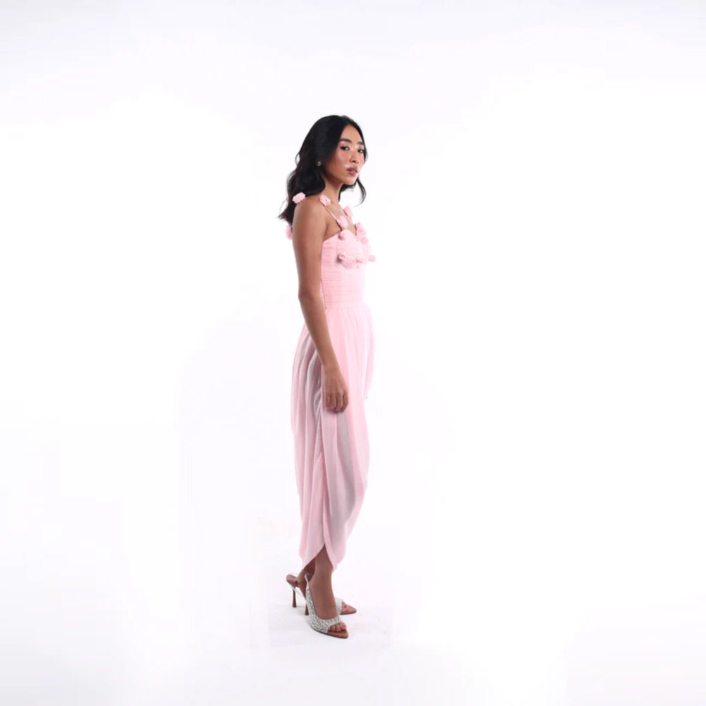 Draped dress with rosebud detail and soft silhouette, perfect for day events. Shop online from our curated edit of premium fashion.