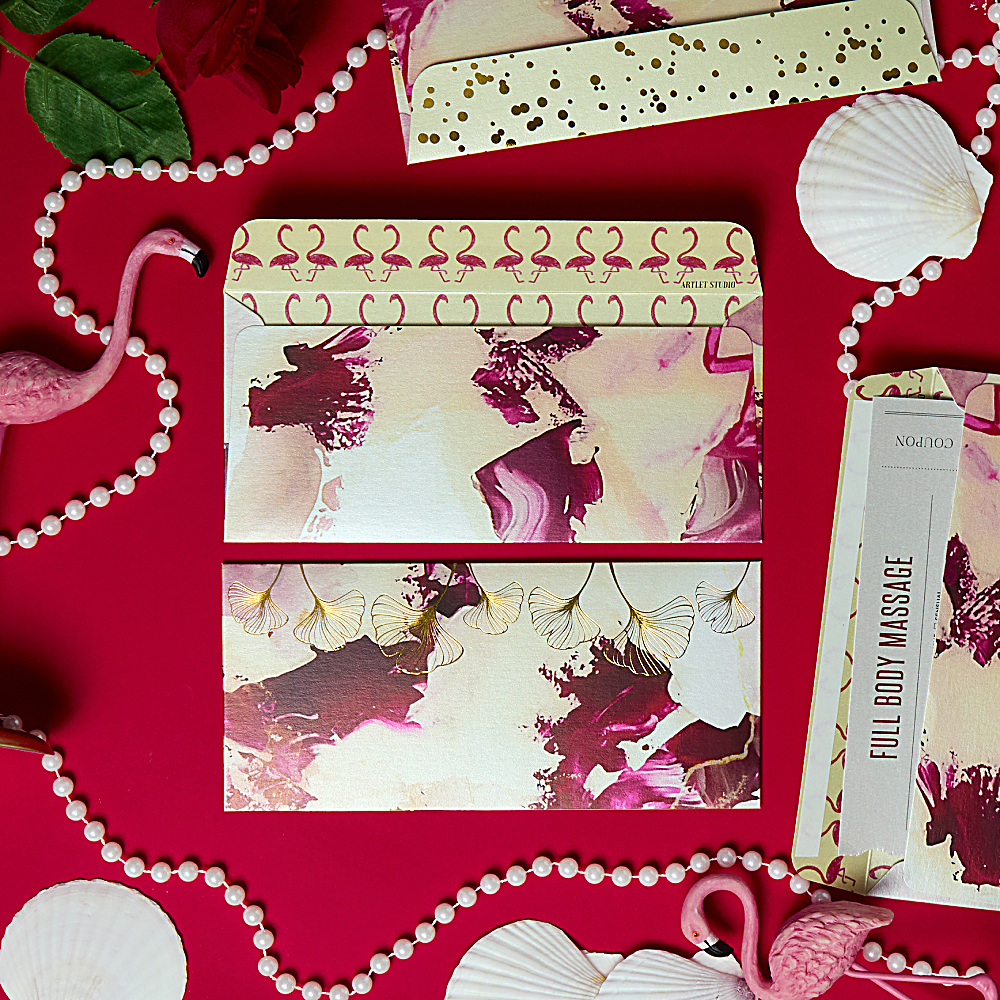Discover Rosette Envelopes at The Luxe Maison, featuring blush tones, flamingo illustrations, and gold-foil floral accents. Pack of 10, handcrafted in Dubai.