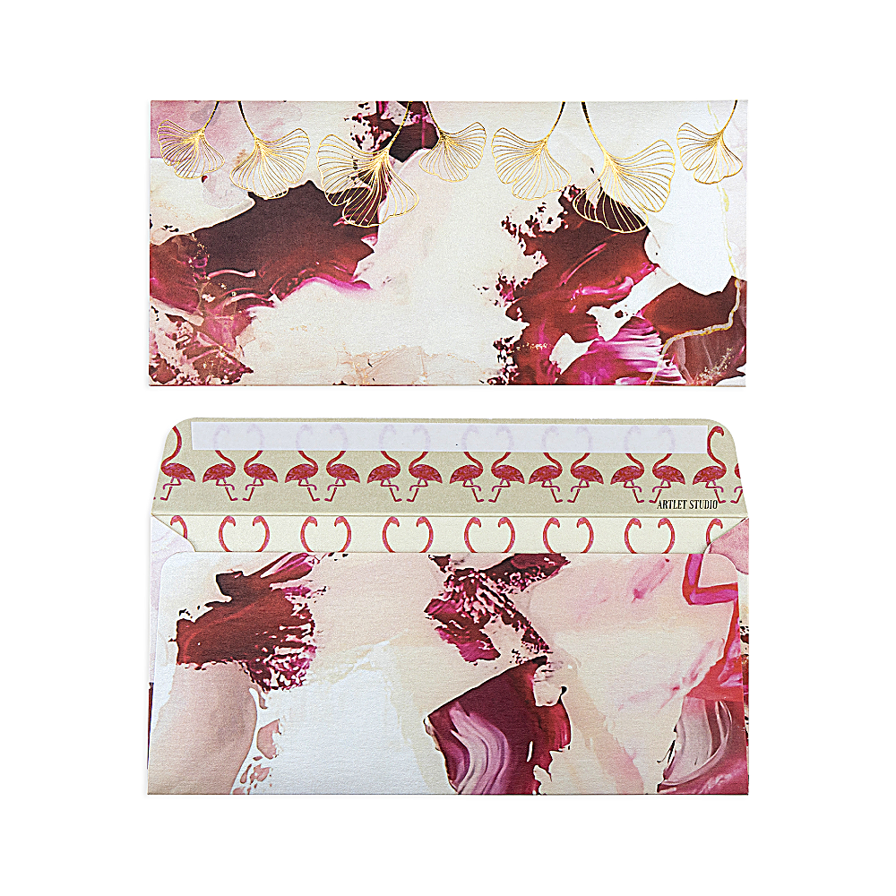 Discover Rosette Envelopes at The Luxe Maison, featuring blush tones, flamingo illustrations, and gold-foil floral accents. Pack of 10, handcrafted in Dubai.