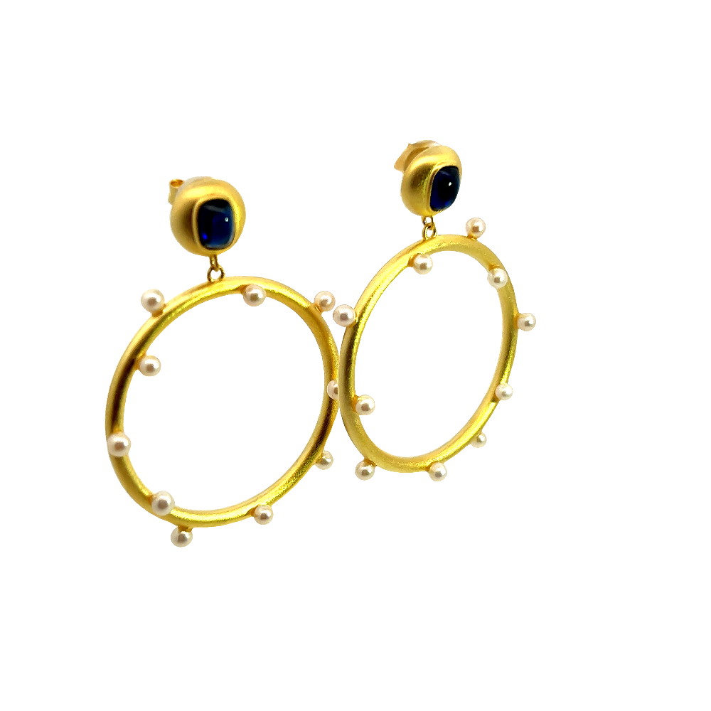 Shop online premium 18K gold dangler earrings with blue quartz and freshwater pearls.