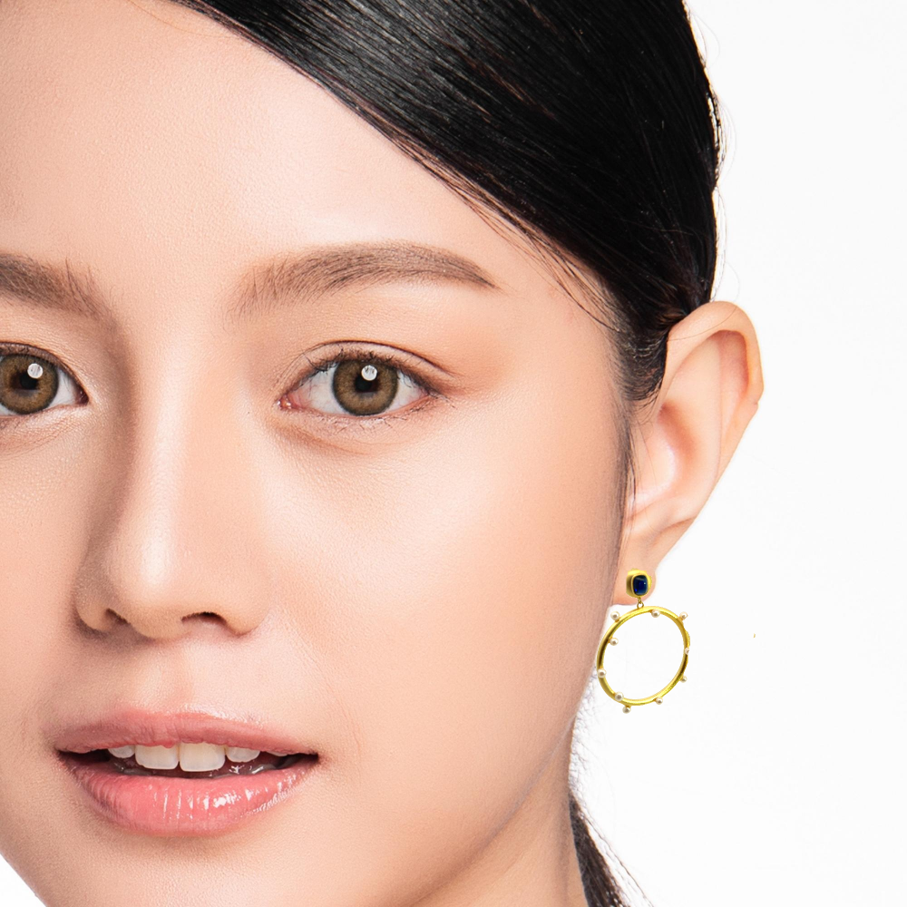 Shop online premium 18K gold dangler earrings with blue quartz and freshwater pearls.