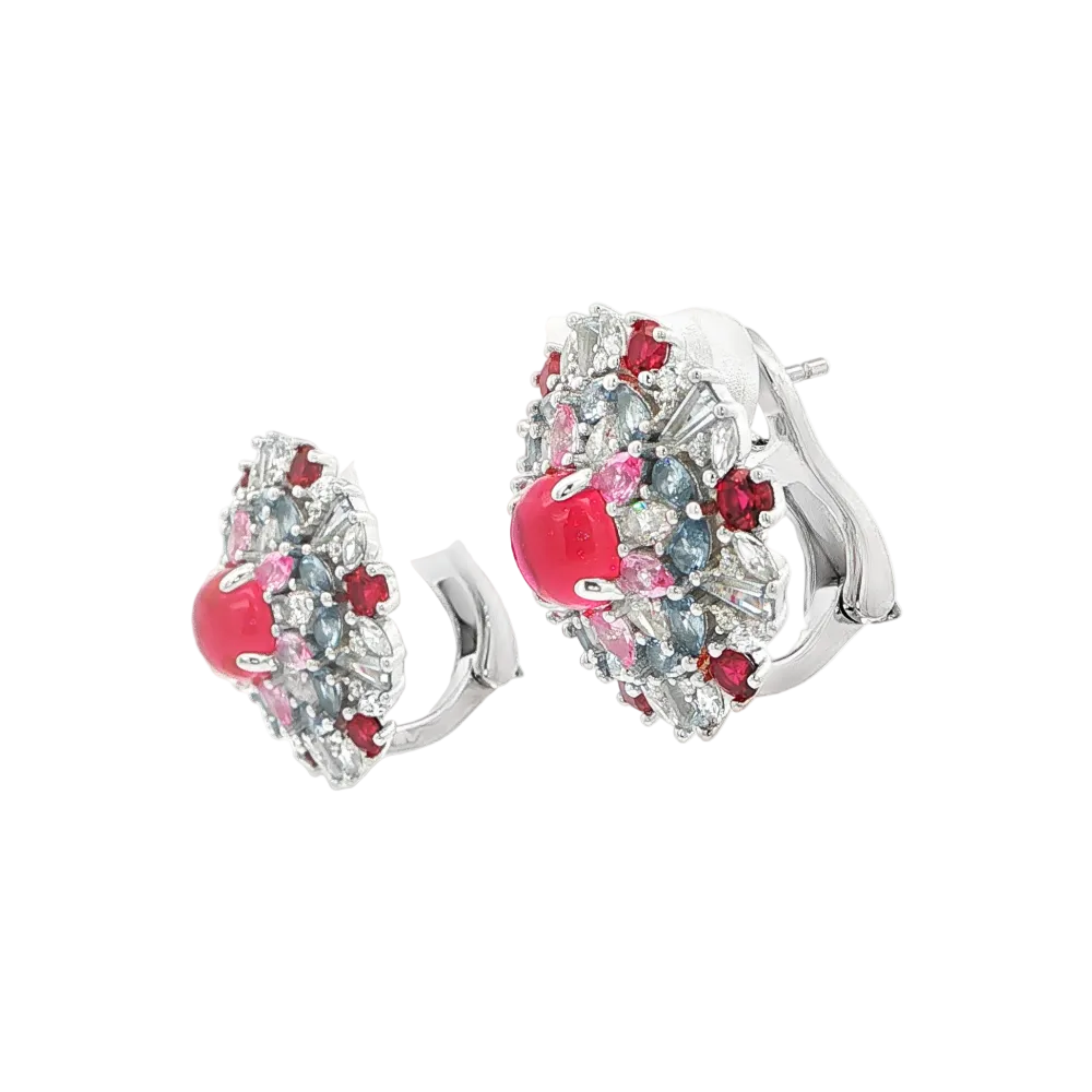 Shop online premium sterling silver floral stud earrings with ruby, pink sapphire, spinel and sparkling CZ stones.