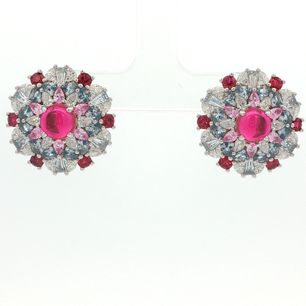 Shop online premium sterling silver floral stud earrings with ruby, pink sapphire, spinel and sparkling CZ stones.