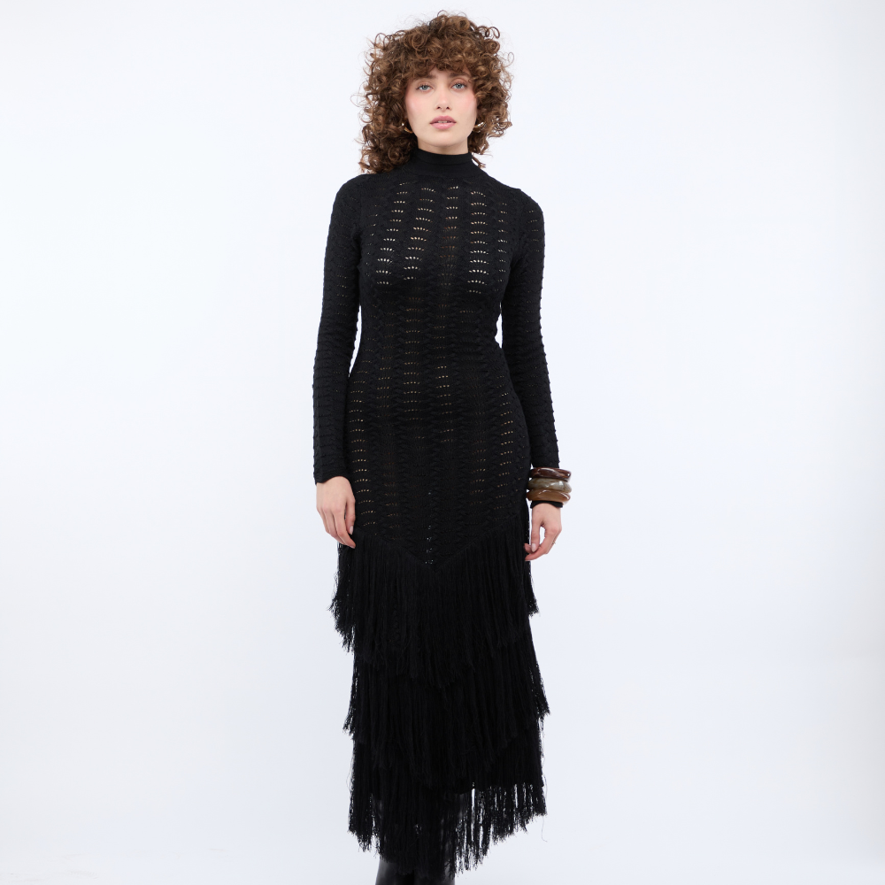 Shop the Rumi Long Sleeve Maxi Dress at TLM, featuring tie-up straps and layered fringe detailing. Explore luxury fashion on The Luxe Maison website.