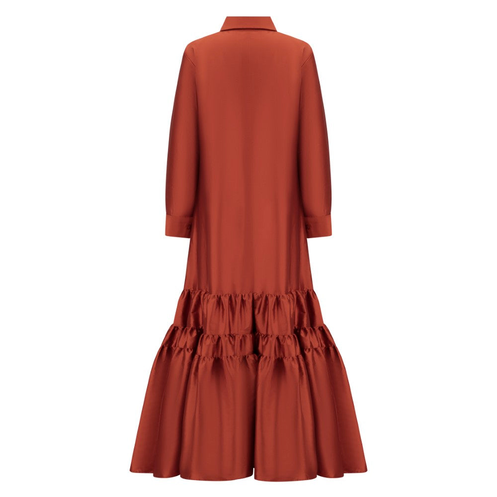 Luxury Clothing Rust Tiered Shirt Dress Designed For Elegant Everyday Style. Shop Now!