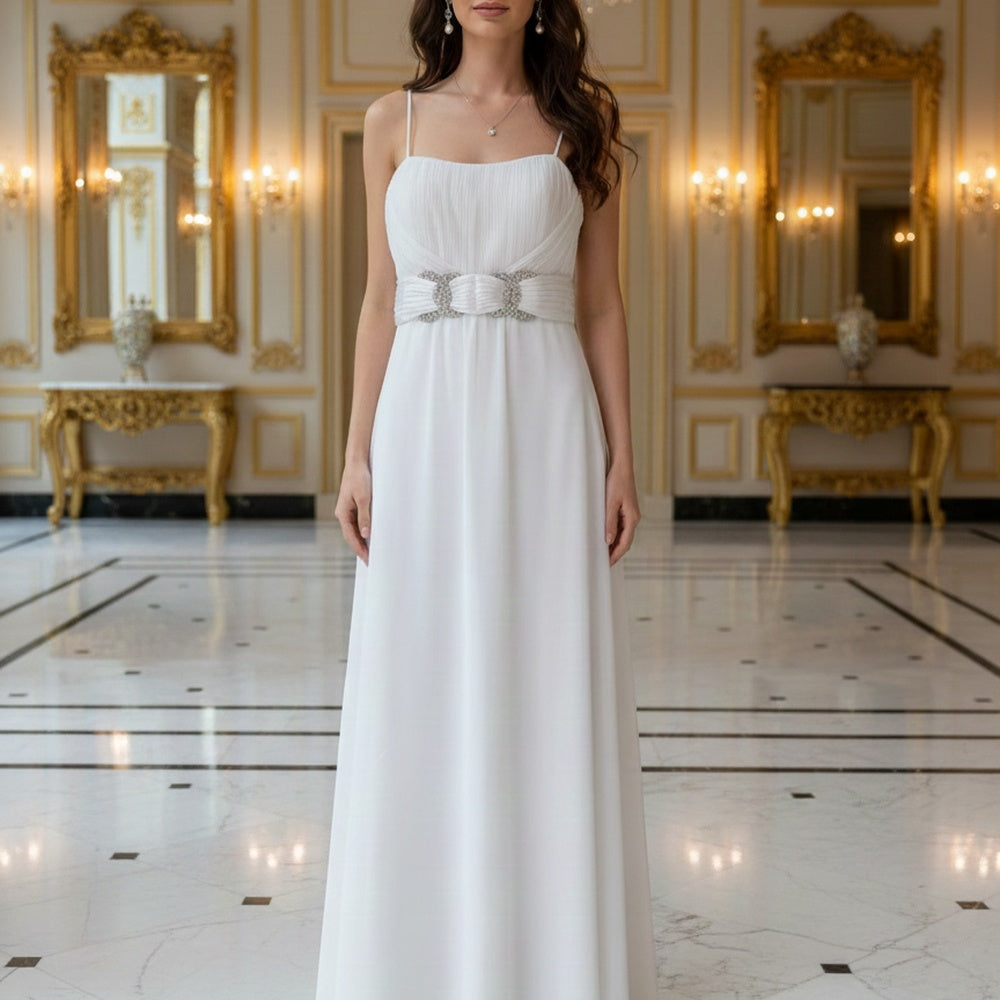 Shop online from our exclusive website. Discover the Sable floor-length dress featuring a softly pleated bodice, flowing silhouette, and elegant design for weddings, garden parties, evening events, and special occasions.