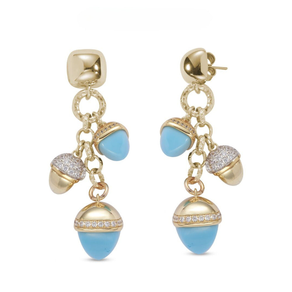 Shop online premium gold plated dangle earrings with turquoise pyramidal crystals and cubic zirconia pyramid detailing for elegant styling.