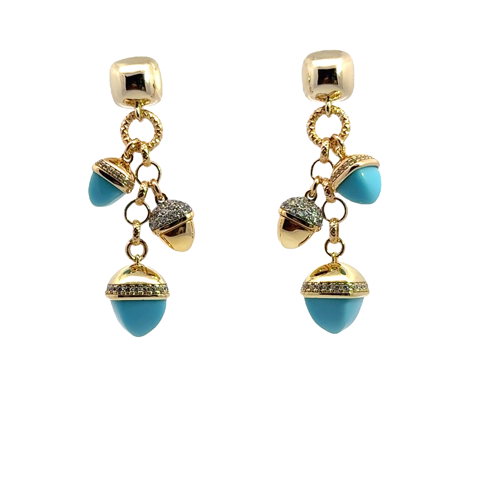 Shop online premium gold plated dangle earrings with turquoise pyramidal crystals and cubic zirconia pyramid detailing for elegant styling.