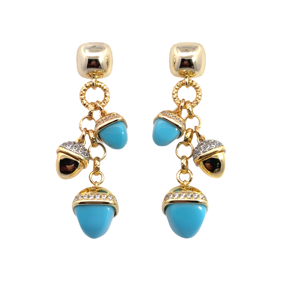 Shop online premium gold plated dangle earrings with turquoise pyramidal crystals and cubic zirconia pyramid detailing for elegant styling.