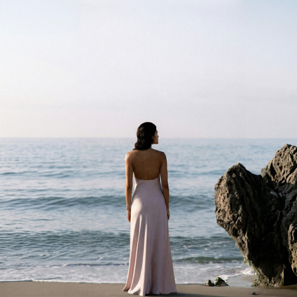 Elegant floor-length dress with a stunning open back for a graceful, timeless look. Shop now at our exclusive clothing website.