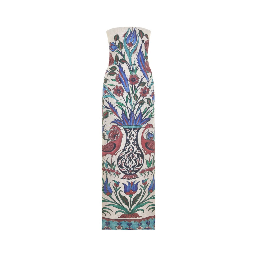 Shop online from our exclusive website and discover the Sarnic Dress by Nana Gotti, a strapless 100% linen dress with Ottoman-inspired prints and a timeless elegant silhouette.