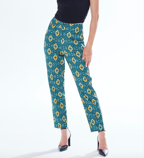 Women's Trousers in Green, Yellow & Navy Geometric Print with Tailored Fit by Liquorish