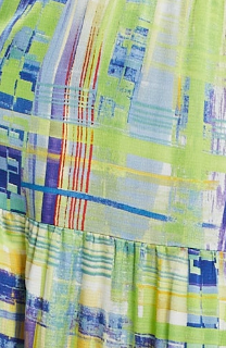 Women's Midi Dress in Green with Short Kimono Sleeves and V Neck - Abstract Print by Liquorish