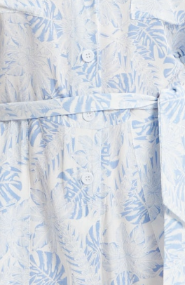 Women's Blue Leaf Printed Playsuit with Button Down, Short Sleeve, Front & Side Pockets, Loose Fit, Casual Style.