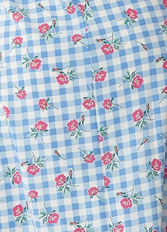 Women's Midi Dress in Blue and White Gingham with Floral Print and Trim Lace Collar - Short Sleeves, Liquorish