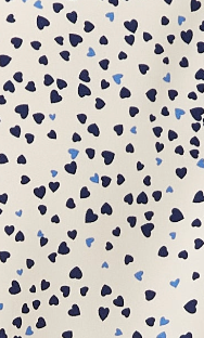 Women's Heart Print Shirt in Cream - Navy hearts, button-up front, heart-shaped buttons, collar, long sleeves, regular fit.