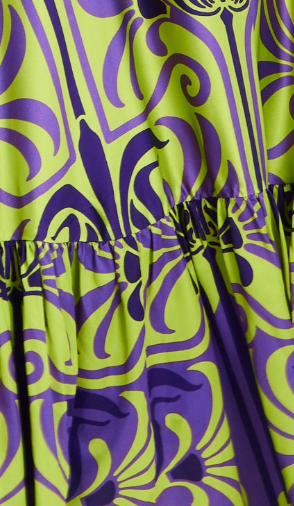 Women's Maxi Dress with Flowing Tiered Skirt in Purple and Lime Green - Deep V-Neck Style by Liquorish