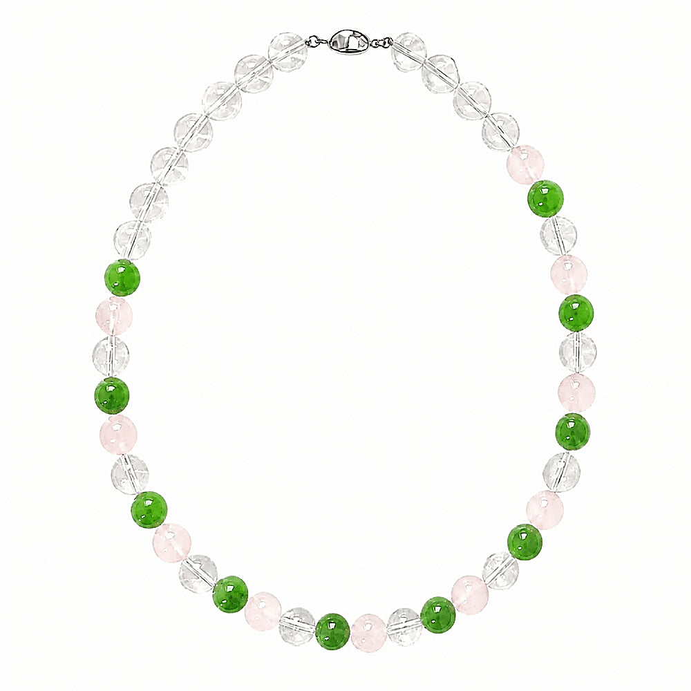 Discover the Secret Garden Rose Quartz & Crystal Beaded Necklace at The Luxe Maison, featuring clear quartz, Madagascar rose quartz, and vibrant green jadeite-inspired beads for a fresh, colorful, nature-inspired look.