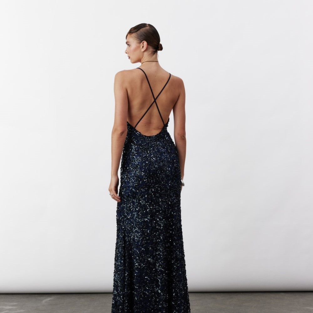 Selene Long Sequin Dress In Midnight Blue
