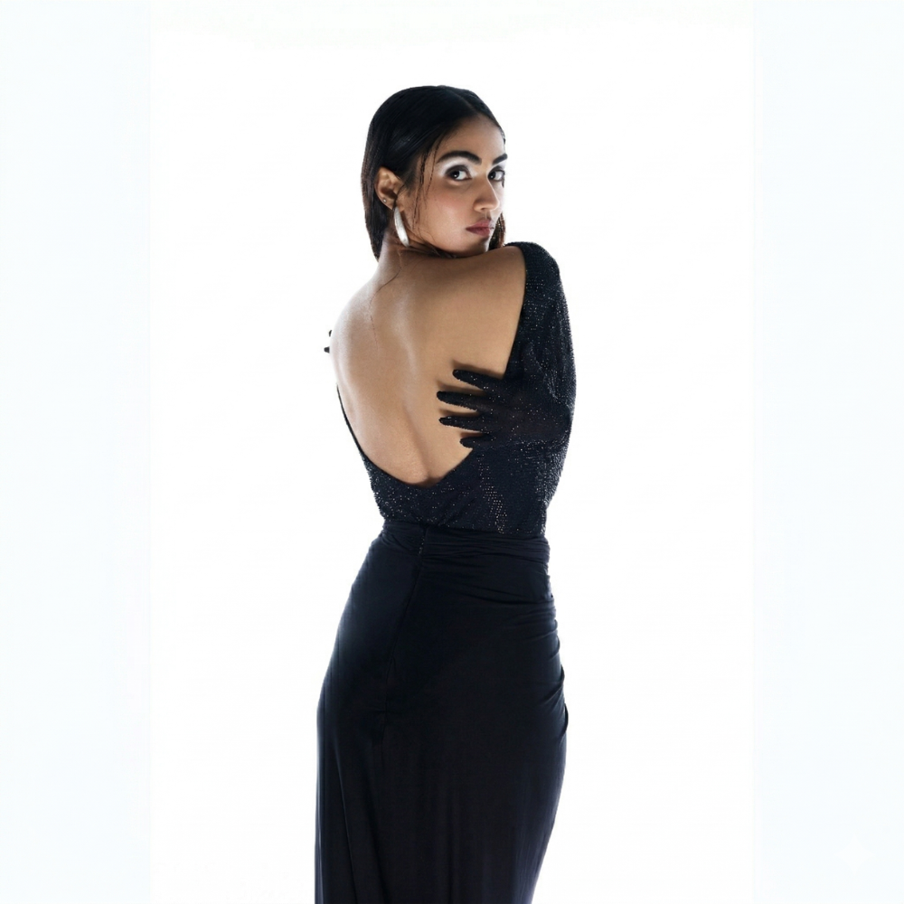 Shimmer bodysuit with draped knot skirt and glove detail, perfect for parties and nights out. Shop online from our exclusive collection of premium party wear style