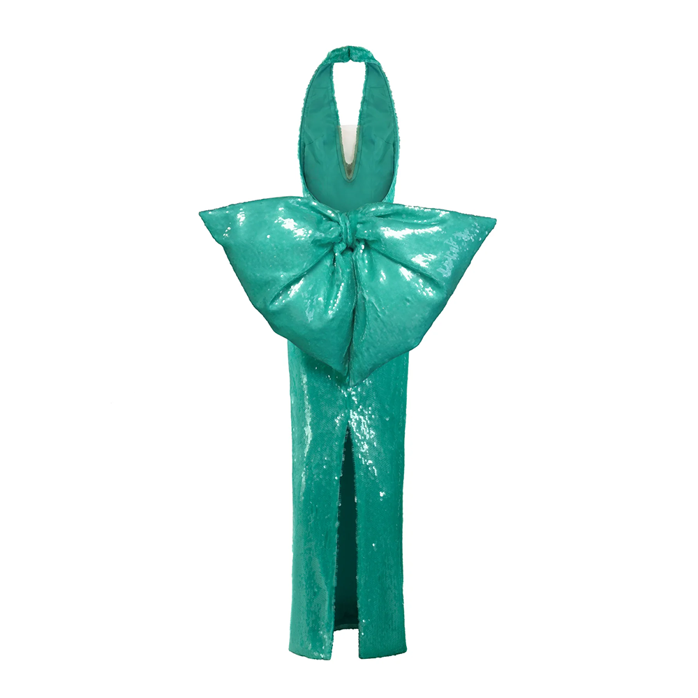 Aqua green sequined dress with an oversized bow.