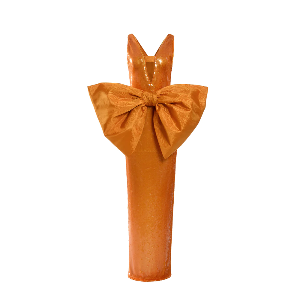 Orange sequins dress in taffeta oversized bow.