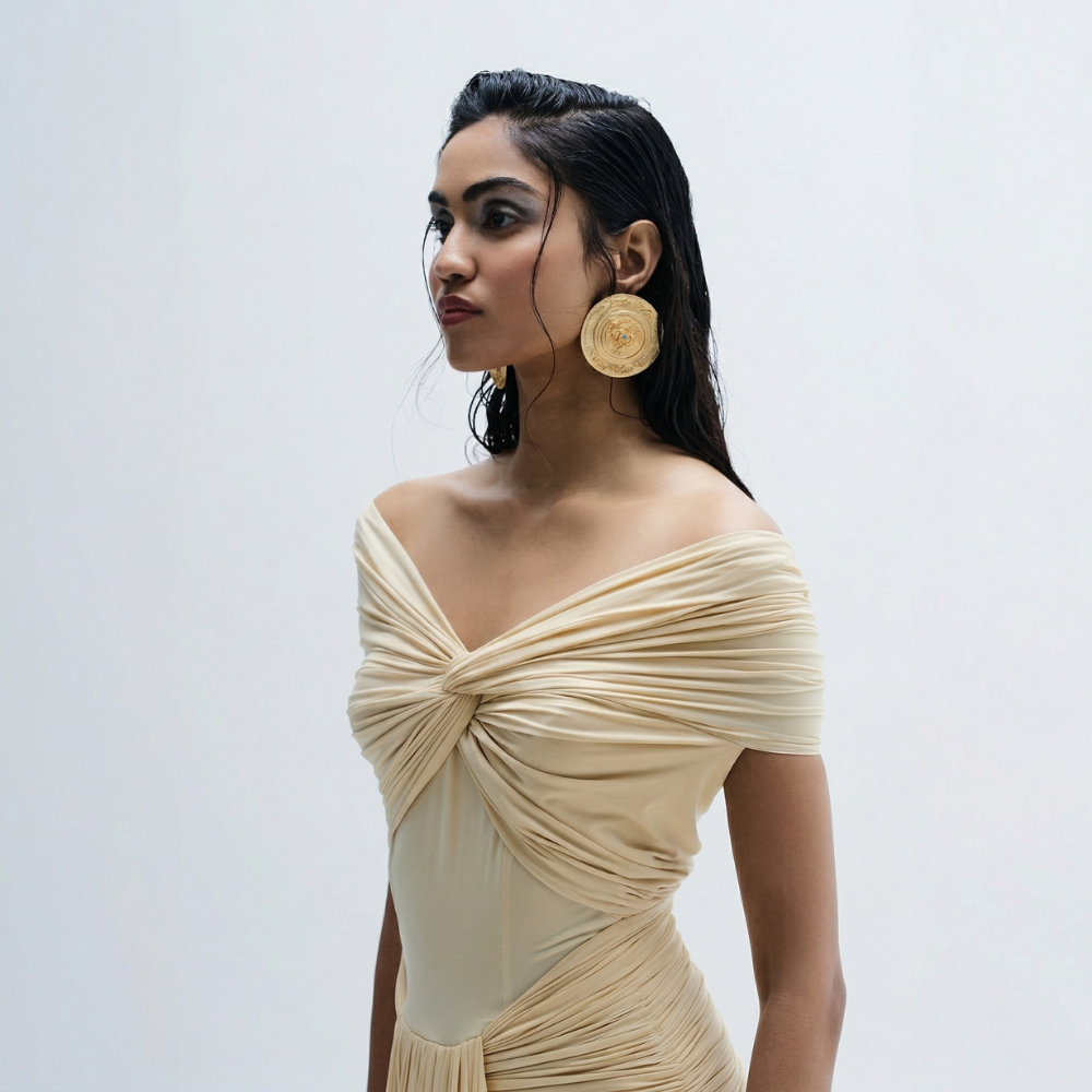 Butter yellow lycra dress with elegant details, perfect for brunch and vacations. Shop online from our exclusive collection of premium styles.