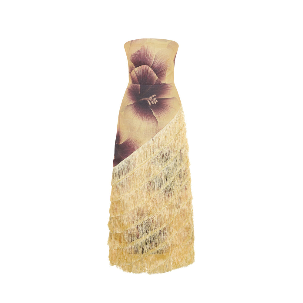 Shop online from our exclusive website and discover the Serena Dress by Nana Gotti, a strapless linen midi dress with a bold floral print, structured bodice, and cascading fringe details.