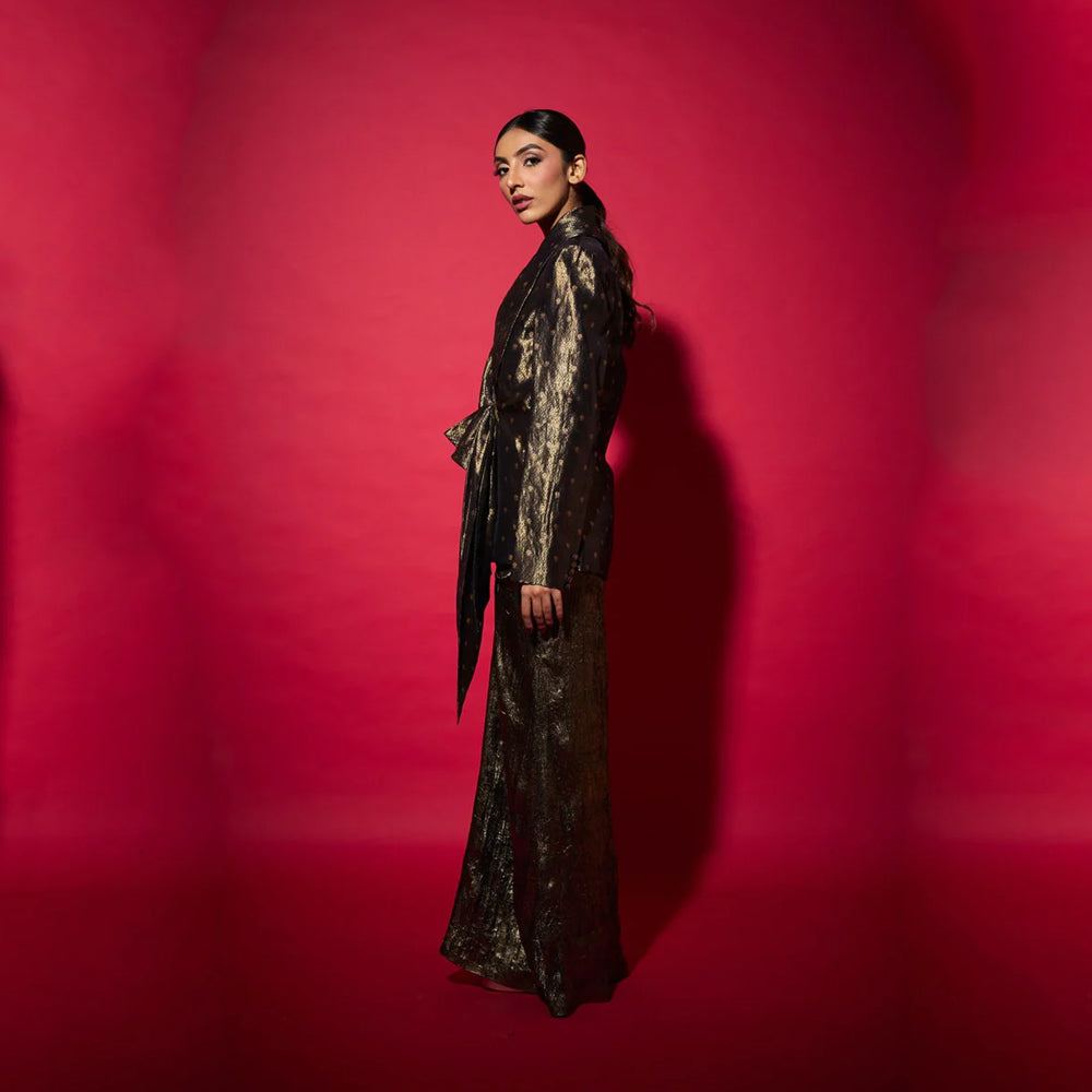 Brocade silk blazer with gold skirt, structured festive set for occasions. Shop online from our curated edit of premium fashion.
