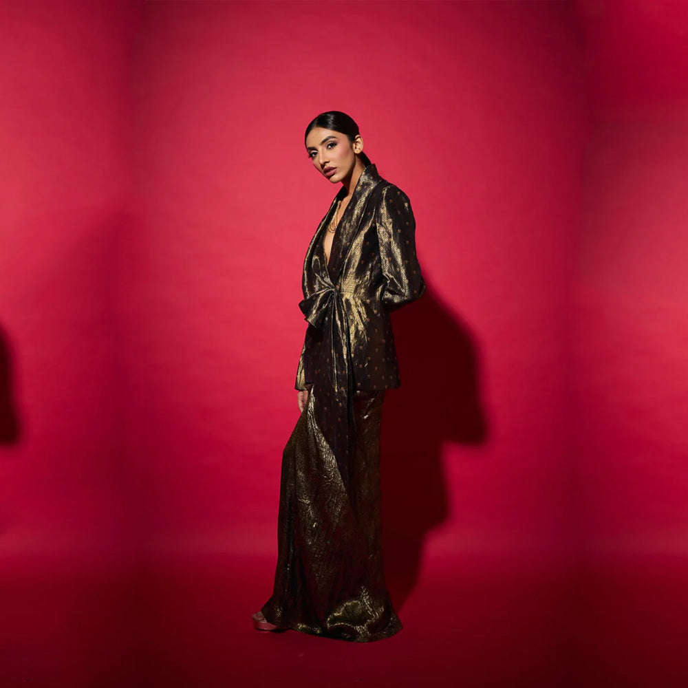 Brocade silk blazer with gold skirt, structured festive set for occasions. Shop online from our curated edit of premium fashion.