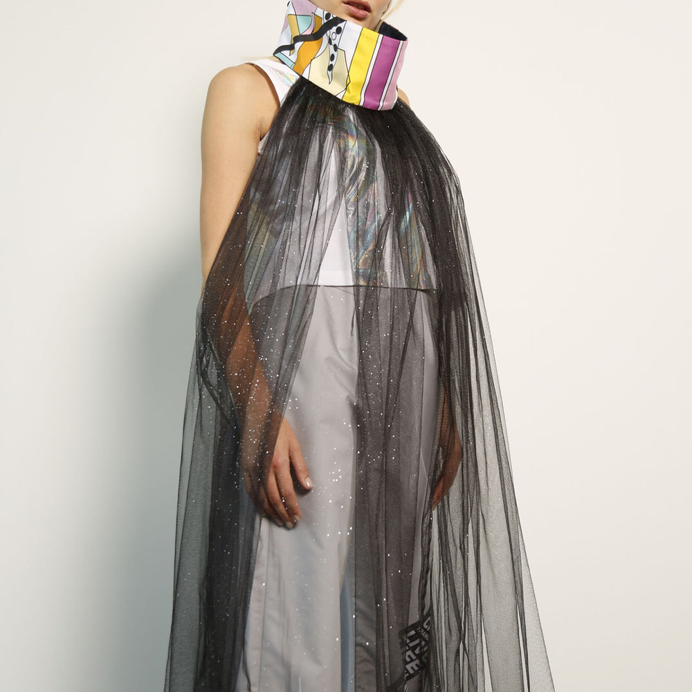 Sheer detachable tunic cape in shimmery tulle and a hand-illustrated digital print on color with concealed zipper.