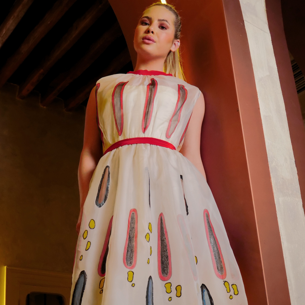 Chic off-white organza dress, hand-painted in exclusive patterns and colors