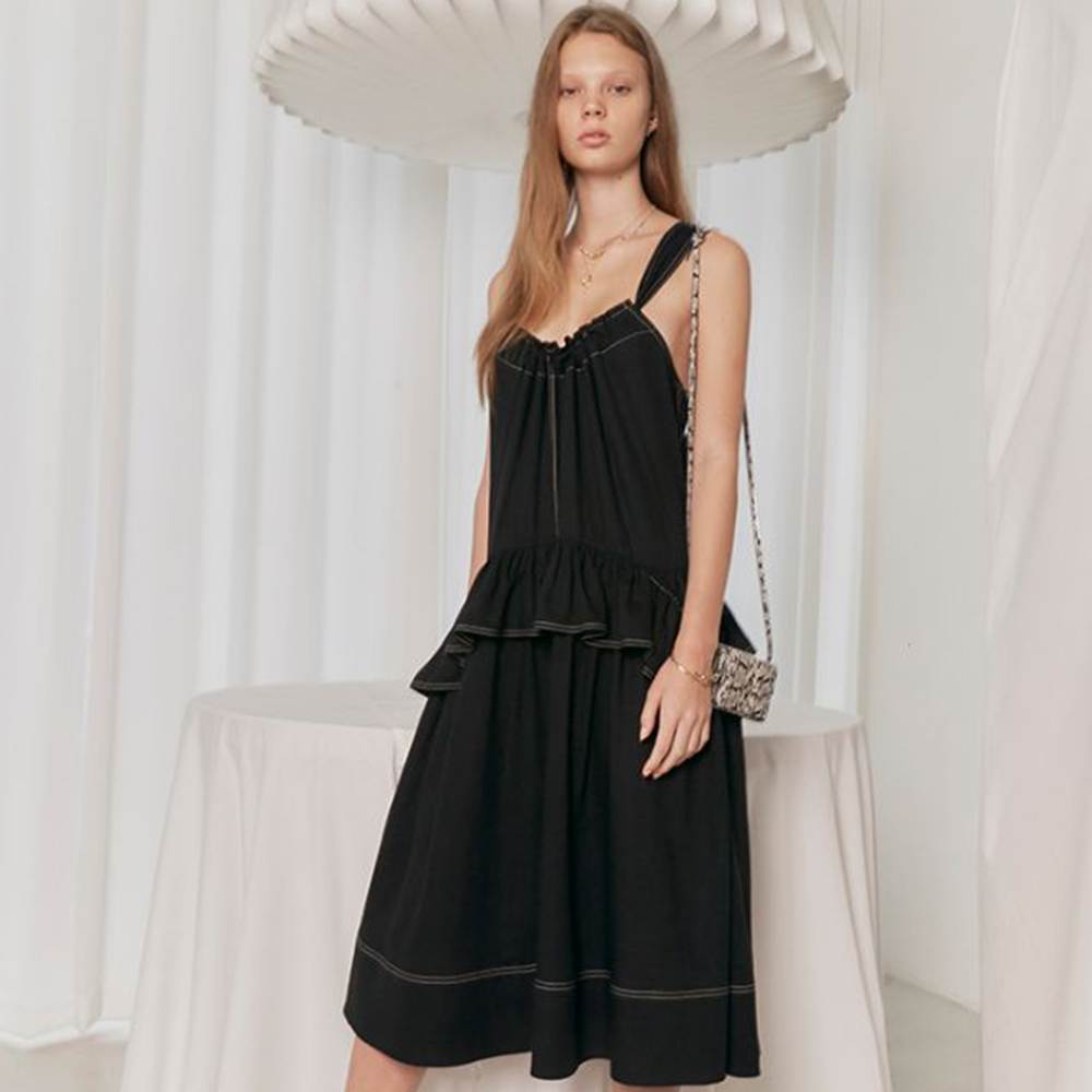 Shoulder Strap Ruffled And Gathered Linen-Blend Dress