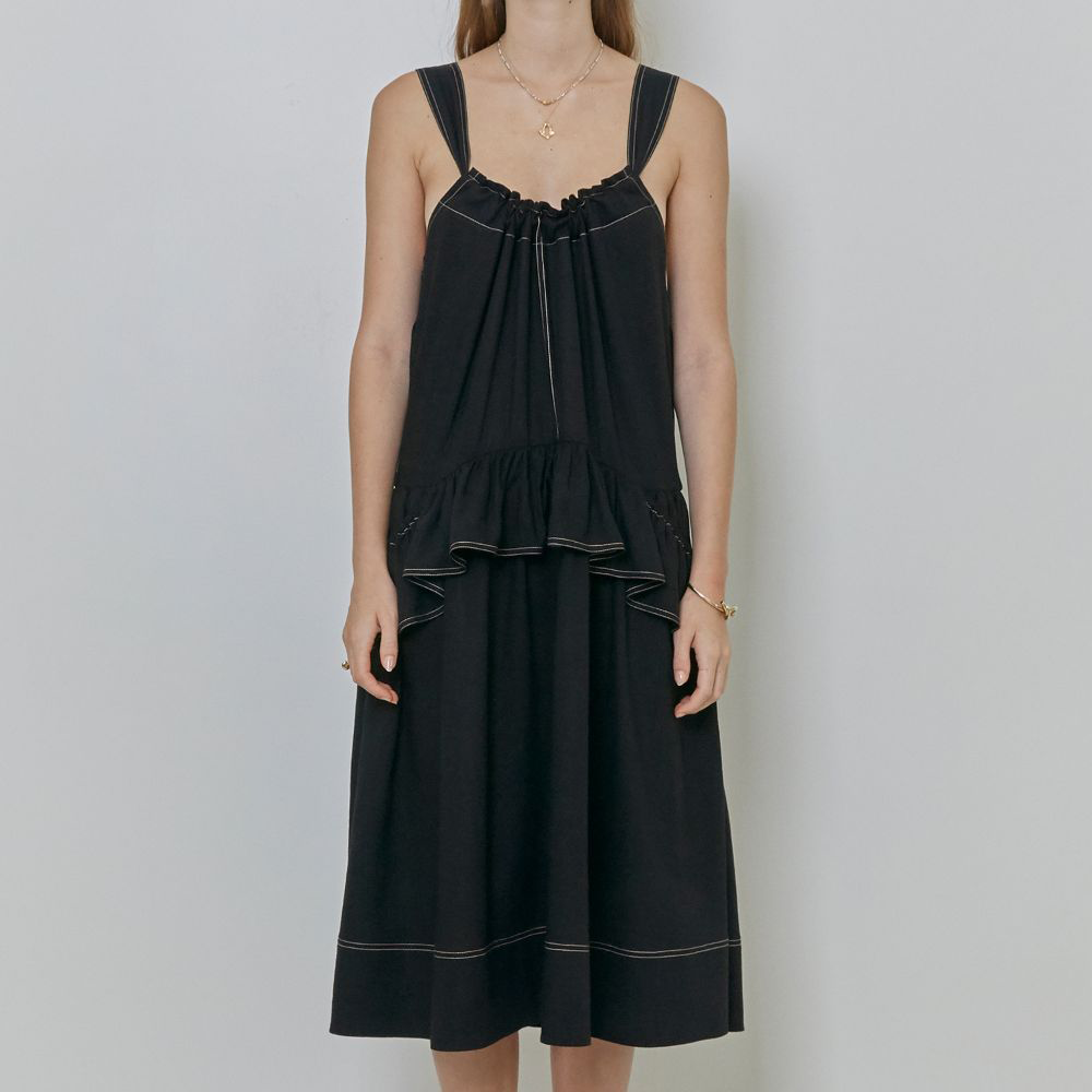 Shoulder Strap Ruffled And Gathered Linen-Blend Dress