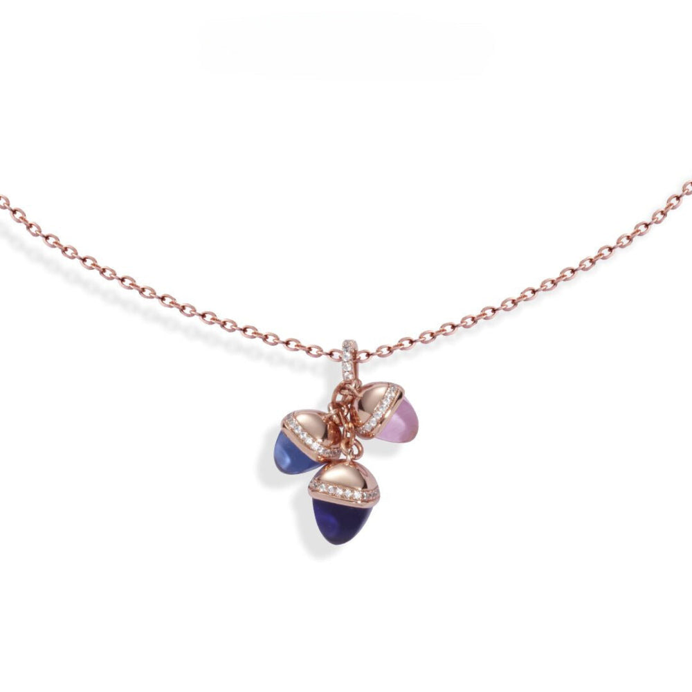 Shop online premium rose gold necklace with amethyst, sapphire, morganite crystals and sparkling CZ accents.