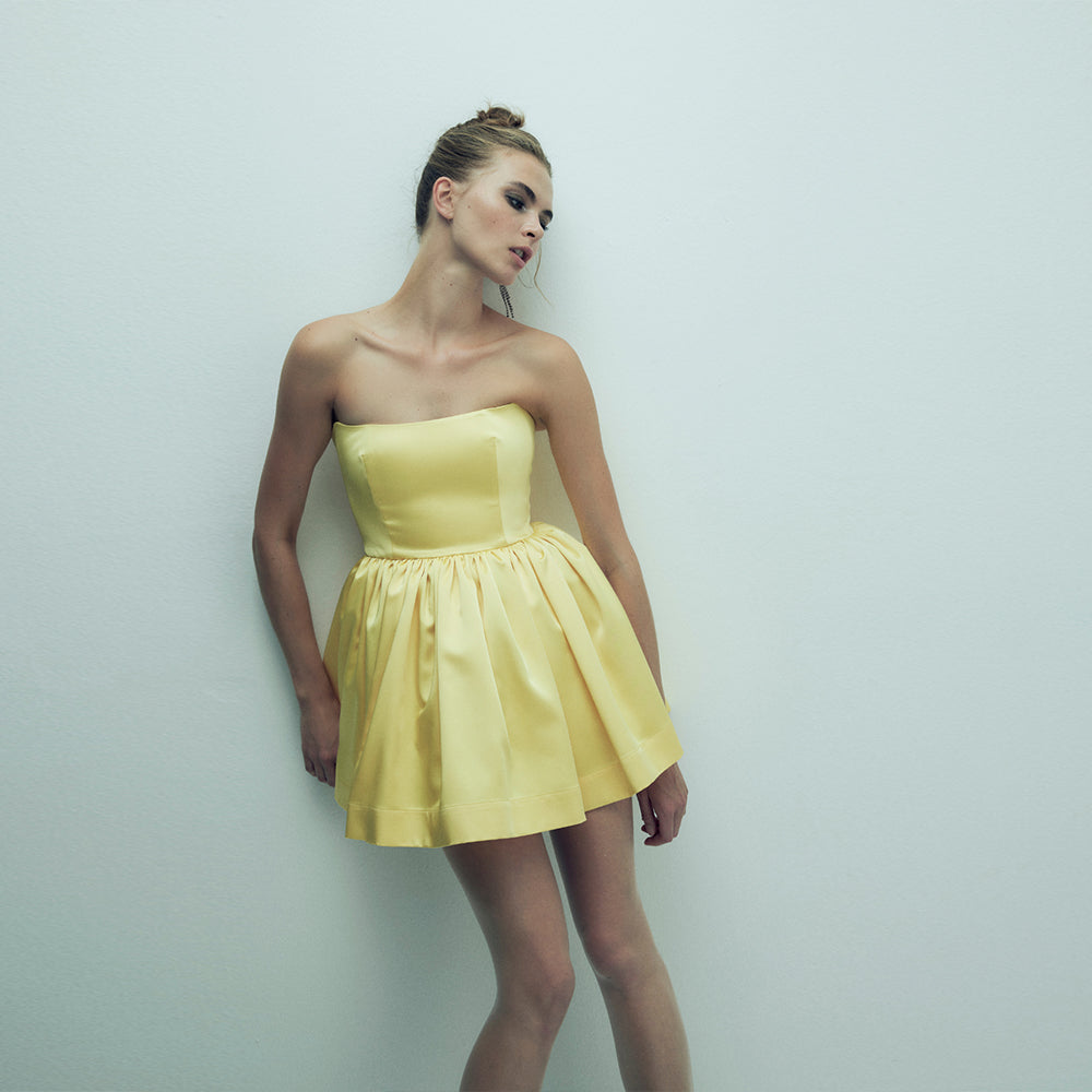 Sibby Strapless Satin Mini Dress in Marigold