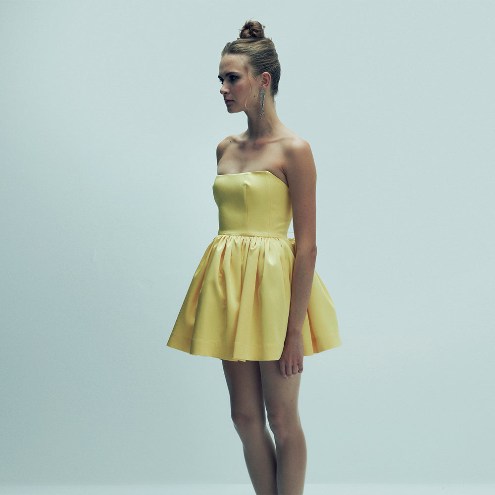 Sibby Strapless Satin Mini Dress in Marigold