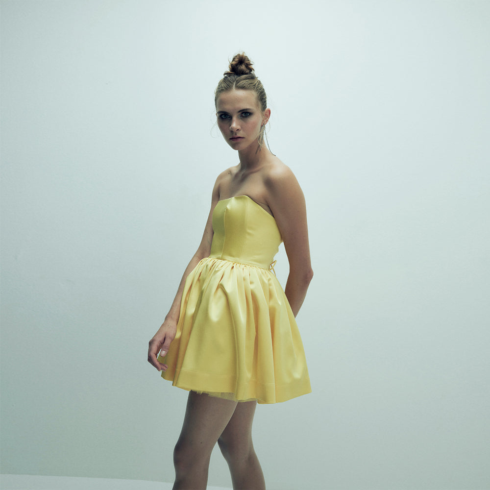 Sibby Strapless Satin Mini Dress in Marigold