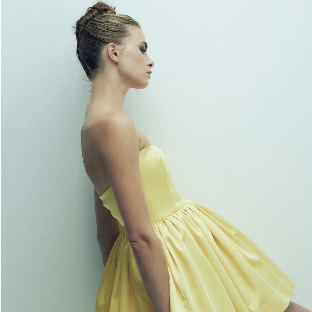 Sibby Strapless Satin Mini Dress in Marigold